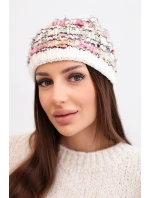 Dámska zimná čiapka s farebným vláknom a elastickou šnúrkou K352 ecru+pink neon+camel