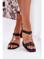 Sandały Damskie Na Słupku Z Ozdobą I Plecionką Czarne Annaviel