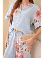 Dámsky bavlnený komplet s krátkym rukávom a širokými nohavicami modrý Dámsky bavlnený komplet s krátkym rukávom a širokými nohavicami modrý