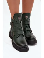 Skórzane Ocieplane Botki Damskie Z Klamrami I Ozdobnym Detalem Zazoo 60482 Ciemnozielone