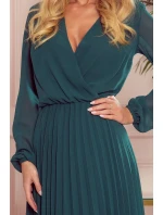 ISABELLE - Plisované dámske šaty v fľaškovo zelenej farbe s dekoltom a dlhými rukávmi 313-1