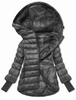 Dámska krátka bunda s pletenými rebrovanými lemami, grafitová (P22/P3-6636/P3-6023-27)