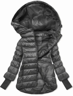 Dámska krátka bunda s pletenými rebrovanými lemami, grafitová (P22/P3-6636/P3-6023-27)