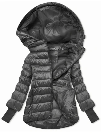 Dámska krátka bunda s pletenými rebrovanými lemami, grafitová (P22/P3-6636/P3-6023-27)