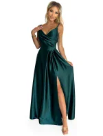 299-9 CHIARA elegantné maxi dlhé saténové šaty bez ramienok - BOTTLE GREEN