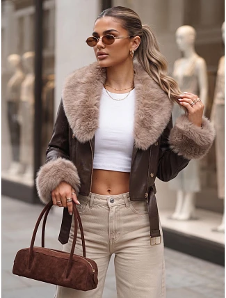 Dámska zimná kožená bunda s kožušinou, hnedá, FashionStreet TY5979 Dámska zimná kožená bunda s kožušinou, hnedá, FashionStreet TY5979