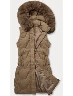 Tmavobéžová dámska vesta s kapucňou a kožušinovým lemom J Style (16M9172-84)