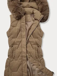 Dámska bunda bez rukávov s kožušinovou kapucňou J Style Dark Beige (16M9172-84)