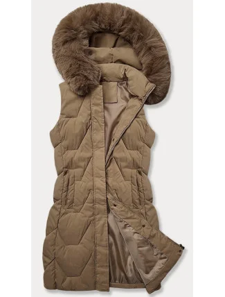 Tmavobéžová dámska vesta s kapucňou a kožušinovým lemom J Style (16M9172-84)