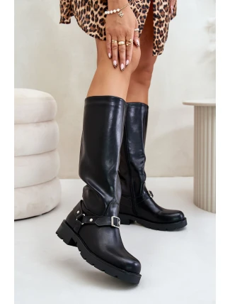 Ocieplane Kozaki Damskie Na Zamek Eko Skórzane Czarne Tialethe