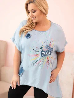 Dámske Plus veľkosť blúzka so záplatami Light Denim