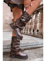 Kozaki Damskie Z Wywiniętą Cholewką Do Połowy Łydki Z Paskiem Czekoladowe Darisa