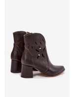 Skórzane Ażurowe Botki Damskie Na Słupku Zazoo 3647 Czekoladowe