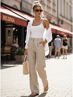 Dámske ľanové nohavice so širokými nohavicami béžovej farby FashionStreet UY3079