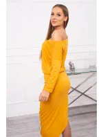 Asymetrické šaty, 3/4 rukávy, horčicová farba