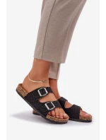 Materiałowe Klapki Na Korkowej Podeszwie Z Klamrami Czarne Atera