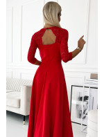 Elegantné čipkované dlhé šaty s výstrihom a rozparkom Numoco AMBER - červená