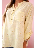 Dámska ľanová blúzka s kvetinovým vzorom, dlhými rukávmi a gombíkmi Žltá