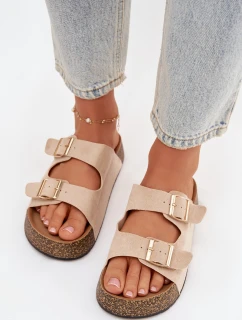 Dámské pantofle na korkové platformě se zlatými sponami světle béžové Tovessa