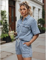 Dámska súprava s džínsovou košeľou a šortkami, svetlo modrá, FashionStreet AY1206