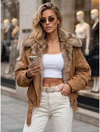 Dámska zimná bunda s kožušinovým golierom v kamelovej farbe, FashionStreet TY5702 Dámska zimná bunda s kožušinovým golierom v kamelovej farbe, FashionStreet TY5702