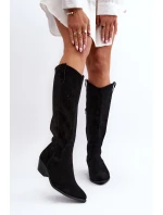 Zazoo 2909 Zamszowe Kozaki Ażurowe Na Niskim Obcasie Czarne