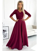 309-9 AMBER elegantné dlhé maxi šaty s čipkovým výstrihom - Bordeaux