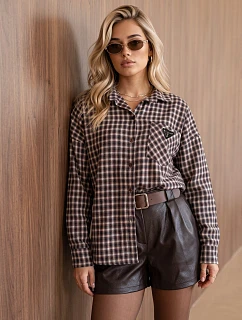 Dámska bavlnená košeľa s hnedým kockovaným vzorom FashionStreet DY0504