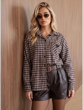 Dámska bavlnená košeľa s hnedým kockovaným vzorom FashionStreet DY0504 Dámska bavlnená košeľa s hnedým kockovaným vzorom FashionStreet DY0504