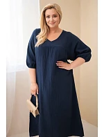 Dámske plus size bavlnené mušelínové šaty s výstrihom do V v námorníckej farbe