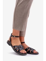 Skórzane Sandały Damskie Na Płaskim Obcasie Zazoo 3688 Czarne