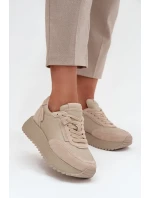 Skórzane Sneakersy Damskie Na Platformie Artiker 55C0021 Beżowe