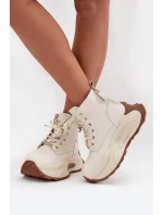 Skórzane Ocieplane Botki Damskie Na Platformie GOE SS2N4300 Jasnobeżowe