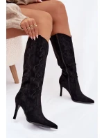 Dámské kozačky na podpatku cowboye z eko semiše černé Belonia