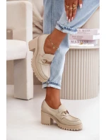 Zazoo 20175 Półbuty Damskie Na Słupku Skóra Naturalna Jasnobeżowe