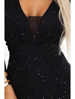 654-5 Dlhé lesklé plus size šaty s výstrihom a priehľadnými rukávmi - čierne