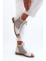 Zazoo 977/L Skórzane Ażurowe Sandały Na Zamek Białe