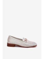Skórzane Mokasyny Damskie Z Ozdobą Na Płaskim Obcasie S.Barski LR51-594 Srebrne