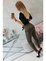 Kožené nohavice viazané vpredu khaki farby