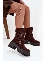 Dámské kotníkové boty na robustním podpatku s přezkami a páskem čokoládové Nerelisa