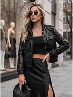 Dámska kožená bomberová bunda na prechodné obdobie, čierna, FashionStreet TY5856 Dámska kožená bomberová bunda na prechodné obdobie, čierna, FashionStreet TY5856