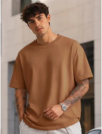 Pánske základné bavlnené tričko nadrozmernej veľkosti v ťavej farbe FashionStreet RX5685 Pánske základné bavlnené tričko nadrozmernej veľkosti v ťavej farbe FashionStreet RX5685