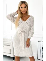 507-1 Svetrové šaty Azura s výstrihom a viazaním - BEACH 507-1 Svetrové šaty Azura s výstrihom a viazaním - BEACH