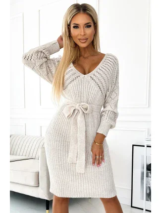 507-1 Svetrové šaty Azura s výstrihom a viazaním - BEACH 507-1 Svetrové šaty Azura s výstrihom a viazaním - BEACH