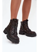 Skórzane Botki Damskie Z Ozdobą Ocieplane Artiker 57C2084 Czarno-Złote