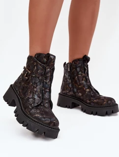 Skórzane Botki Damskie Z Ozdobą Ocieplane Artiker 57C2084 Czarno-Złote