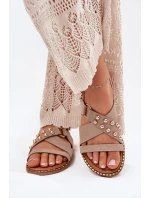 Sandały Damskie Na Płaskim Obcasie Ze Złotymi Ćwiekami Beżowe Zanira