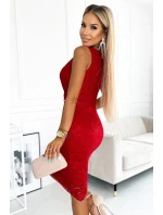 383-5 Čipkované MIDI šaty s obálkovým výstrihom - ČERVENÉ