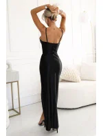 483-7 DIANE saténové dlhé šaty s rozparkom na nohách - ČIERNE