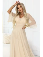654-2 Dlhé trblietavé plus size šaty s výstrihom a priehľadnými rukávmi - šampanská béžová
